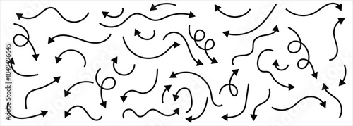 Set of simple lines hand drawn black arrows. Simple hand drawn black arrows  indicate different direction. Set of simple lines hand drawn black arrows isolated on white background.