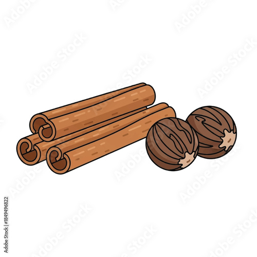 Cinnamon sticks and nutmeg spice.