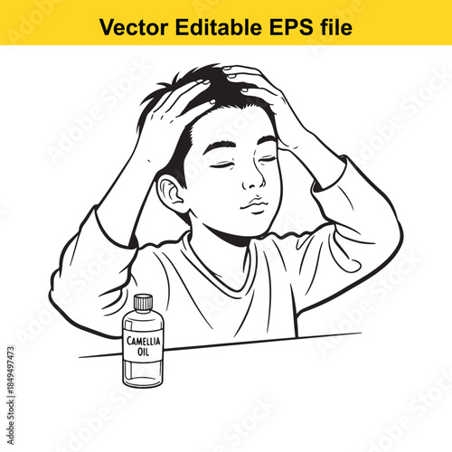  vector illustration of stressed man with hands on head and canola oil bottle on table isolated on white background