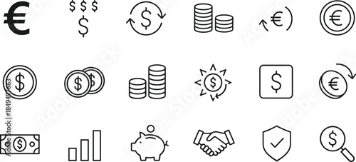 Minimalist black outline vector icon set featuring traditional weighing scales comparing the financial value of US dollar and Euro currency symbols.
