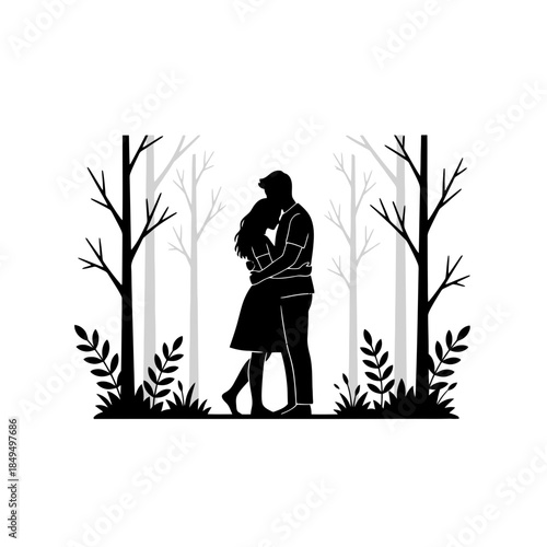 Couple hugging in a forest clearing silhouette vector illustration