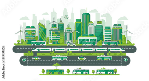 Green Cityscape with Eco-Friendly Buildings, Wind Turbines, and Sustainable Public Transportation Network Illustration