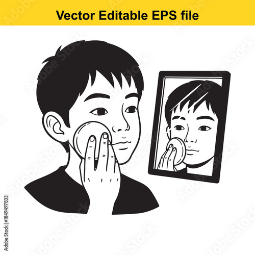  vector illustration of a boy washing his face with a cotton pad in front of a mirror
