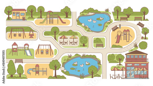 Detailed Overhead Map of a Large Public Park with Multiple Playgrounds, Ponds, Picnic Areas, and Recreational Facilities