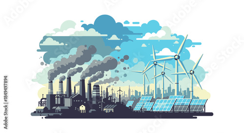 Industrial Pollution vs. Clean Energy City: Environmental Contrast of Smoggy Factories and Sustainable Urbanism