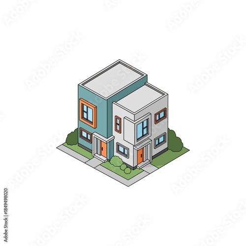 An isometric illustration of a modern two-story duplex house with distinct colored sections and contemporary architectural design.