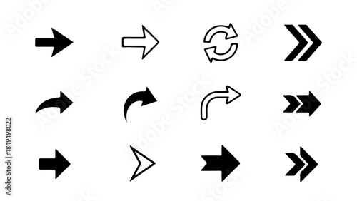 A collection of various black arrow icons on a white background indicating different directions