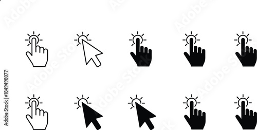 Collection of black and white clicking hand and mouse arrow pointer icons with sunburst effect for web interface navigation and digital button interactions