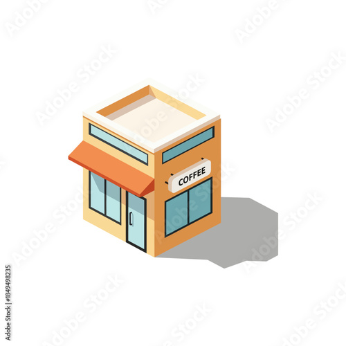 Isometric illustration of a small, modern coffee shop building featuring an orange awning and a prominent "COFFEE" sign.