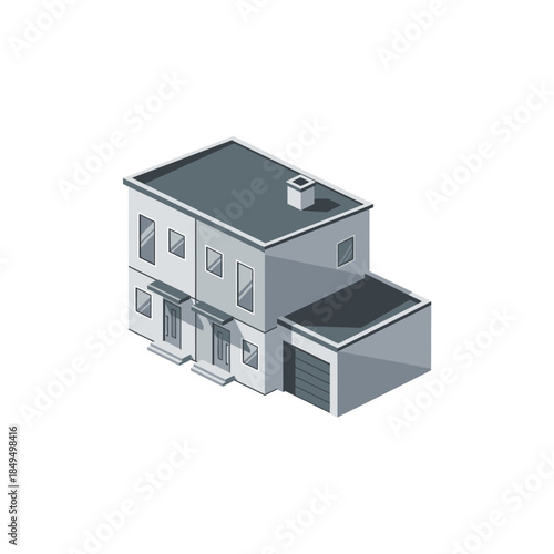 Isometric illustration of a modern gray two-story house with an attached garage and two front entrances, depicted on a white background.