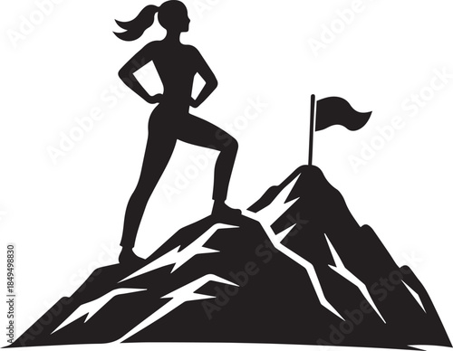Silhouette woman leader standing on top of the mountain with flag concept goal