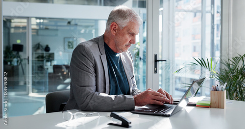 Billede på lærred Reading, typing or man with laptop in office, financial planning or create budget for company