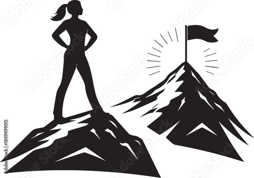 Woman on mountain top with flag achievement success leadership concept figure