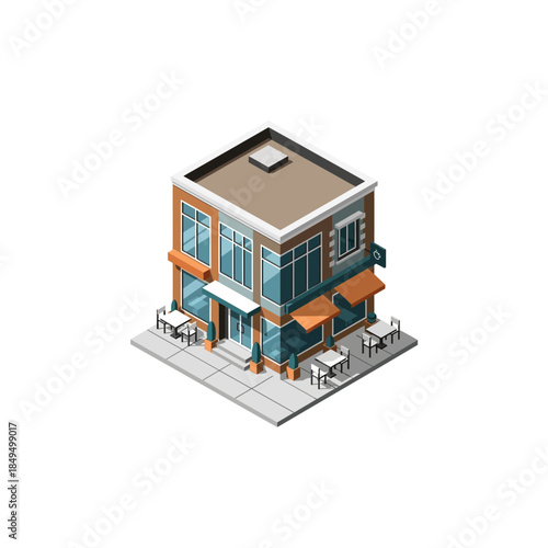 Isometric illustration of a charming two-story building with a ground-floor cafe featuring outdoor seating and an upper residential or office level on a sidewalk.