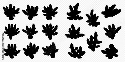Abstract black organic shapes on a transparent background, resembling leaves or coral, for design elements.