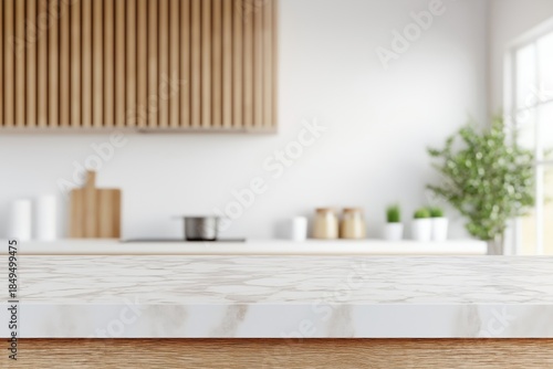 Empty marble countertop in a modern residential kitchen interior, ideal for product display or composite imagery
