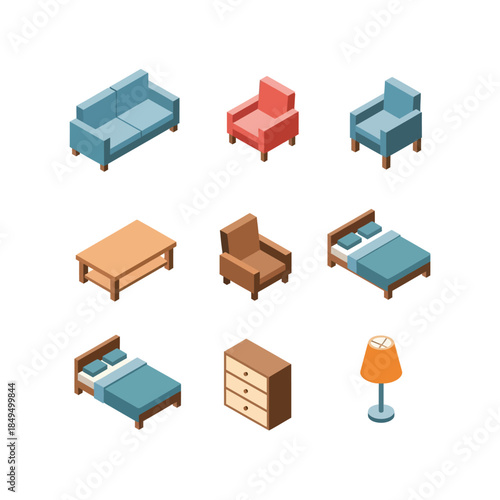Isometric illustrations of various household furniture items including sofas, armchairs, beds, a coffee table, a chest of drawers, and a floor lamp.