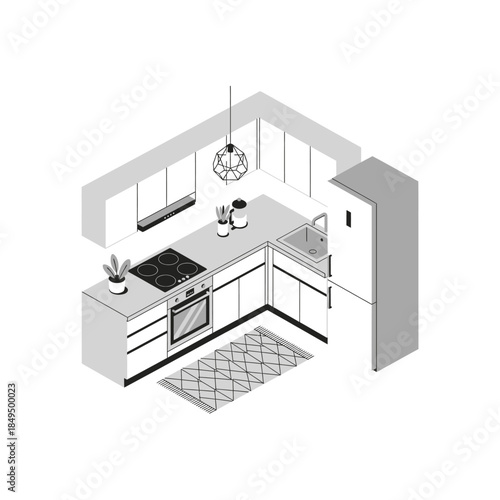 Isometric grayscale illustration of a modern kitchen interior featuring essential appliances, cabinetry, and minimalist decor.