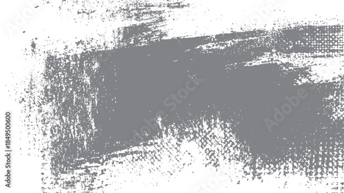 Grungy distressed grey paint smear texture with rough edges and scattered speckles on a white background