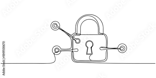 Continuous one line of a network lock with connecting nodes, representing integrated security system service, hand drawn vector illustration.