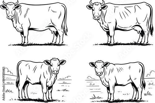 Four Black and White Cows Standing in Different Poses