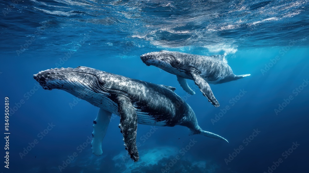 Fototapeta premium Two humpback whales swim gracefully underwater, showcasing their majestic forms against a vibrant blue ocean backdrop.
