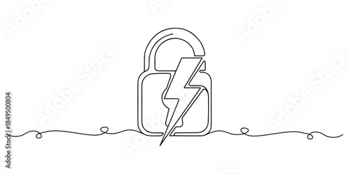 Continuous one line of a lock combined with a lightning symbol, representing fast-response security service, hand drawn vector illustration.