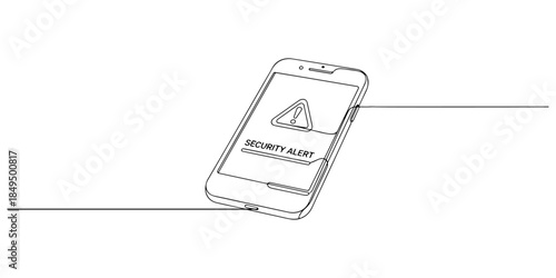 Continuous one line of a smartphone displaying security alert, representing digital security monitoring service, hand drawn vector illustration.