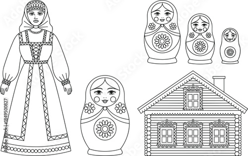 Traditional Russian Dolls and Woman in Folk Costume