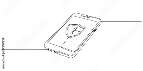 Continuous one line of a smartphone displaying security alert, representing digital security monitoring service, hand drawn vector illustration.