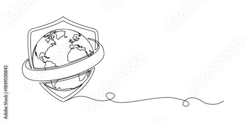 Continuous one line of a globe wrapped by a shield, representing international security service coverage, hand drawn vector illustration.