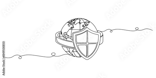 Continuous one line of a globe wrapped by a shield, representing international security service coverage, hand drawn vector illustration.