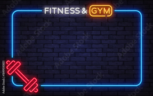 Bold neon vector frame with fitness and gym sign plus dumbbell icon. Perfect for workout promotions, sports posters, and modern health club branding.