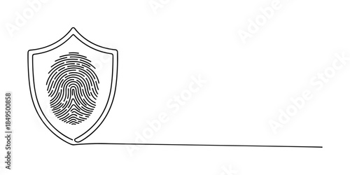 Continuous one line of a fingerprint inside a shield, representing biometric security service, hand drawn vector illustration.