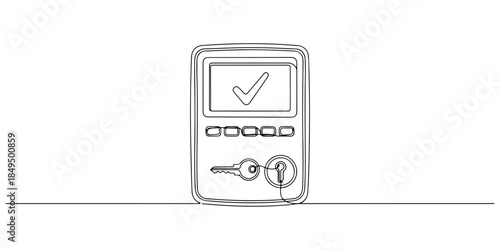 Continuous one line of a security control panel with check mark, representing managed security system service, hand drawn vector illustration.