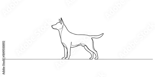 Continuous one line of a guard dog with alert posture, representing physical security protection service, hand drawn vector illustration.