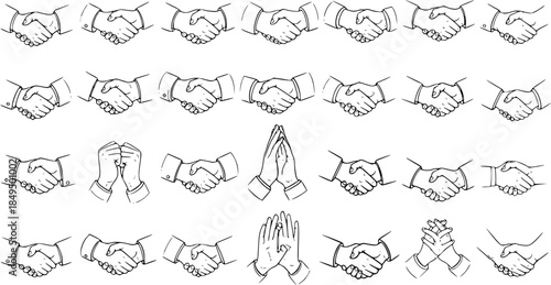 Diverse Handshake and Greeting Gestures: Business, Agreement, Unity, and Connection Illustrations