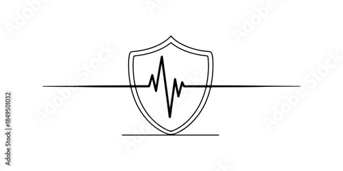 Continuous one line of a shield with heartbeat line, representing real-time security monitoring service, hand drawn vector illustration.