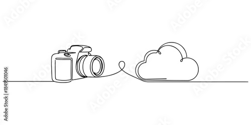 Continuous one line of a camera and cloud icon connected, representing cloud-based security service, hand drawn vector illustration.