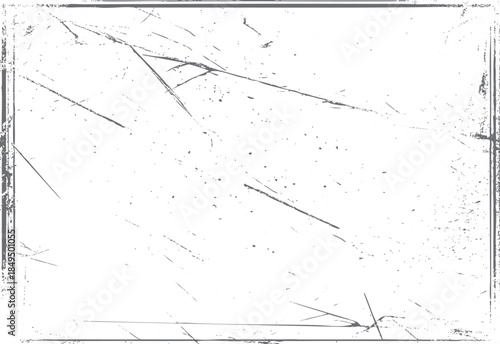 White background with distressed grey grunge texture and scratches forming a border and scattered marks