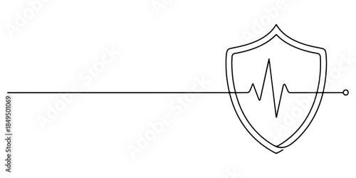Continuous one line of a shield with heartbeat line, representing real-time security monitoring service, hand drawn vector illustration.