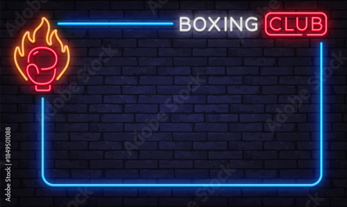 Intense neon vector frame with boxing club sign and flaming glove icon. Perfect for combat training promotion, fitness posters, and bold gym branding.