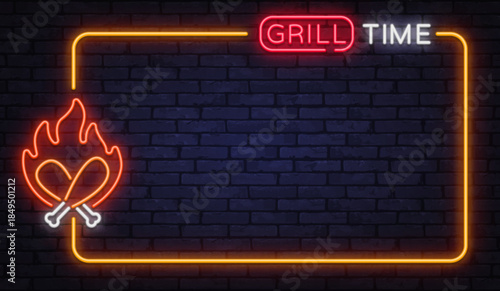 Hot neon vector frame with grill time sign and flaming meat icon. Ideal for barbecue ads, summer events, and outdoor cooking promotions.