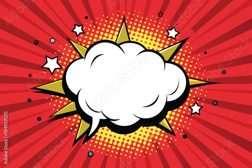 Red explosion burst with white cloud and yellow stars on radial background