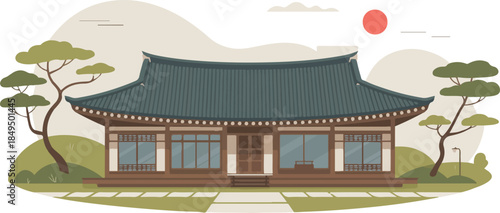 japanese traditional house with elegant tiled roof and surrounding trees