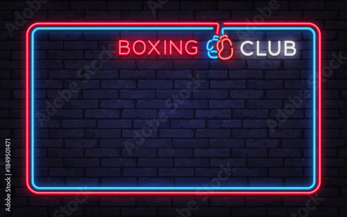 Strong neon vector frame with boxing club lettering and gloves symbol. Designed for gym ads, fight events, and sports club visuals.