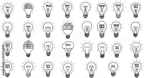 Collection of Hand-Drawn Light Bulb Icons Representing Ideas and Innovation