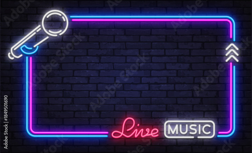 Modern neon vector frame with live music text, microphone icon, and dynamic arrows. Ideal for concert announcements, club flyers, and stage branding.