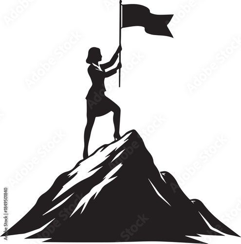 Silhouette of Businesswoman Planting Flag on Mountain Peak Achievement Concept
