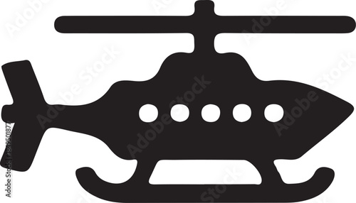 Black and white helicopter with visible windows and rotor blades transportation